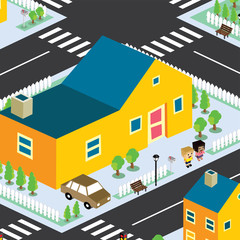 isometric couple residential view cartoon theme