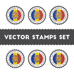 I Love Andorra vector stamps set. Retro patriotic country flag badges. National flags vintage round signs.