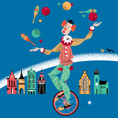 Clown on unicycle juggling with balls and pins. © ngvozdeva