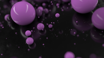 abstract 3d rendering background with random spheres on the reflective surface