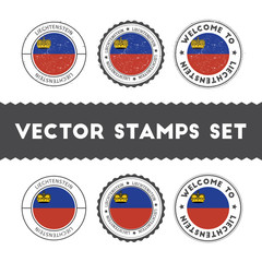 Liechtensteiner flag rubber stamps set. National flags grunge stamps. Country round badges collection.