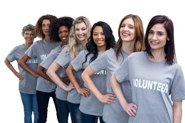 Portrait of happy volunteers standing in a line with hand on hip