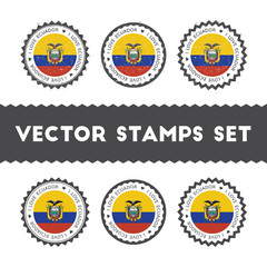 I Love Ecuador vector stamps set. Retro patriotic country flag badges. National flags vintage round signs.