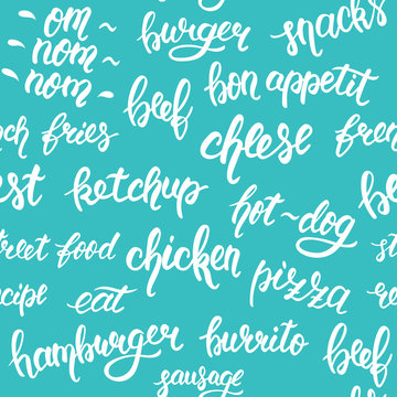 Seamless pattern with hand lettering set of words for fast food on a blue background. Vector