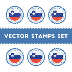 I Love Slovenia vector stamps set. Retro patriotic country flag badges. National flags vintage round signs.