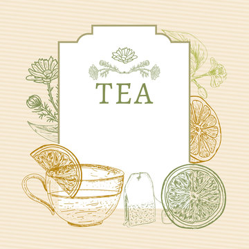 Tea time tea ceremony,lemon mug of tea herbs vintage sketch