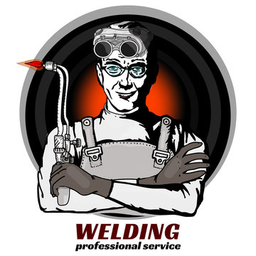 Professional welder sticker circle pop art vector illustration
