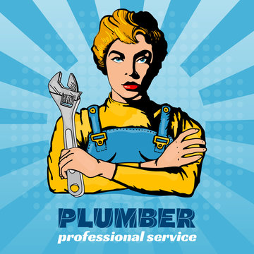 Plumber woman pop art vector illustration
