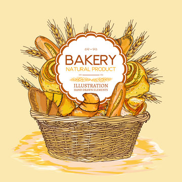 Bakery basket food watercolor template hand drawn sketch