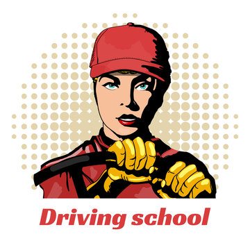 Driving school beautiful girl in the car pop art vector
