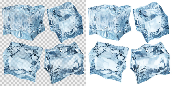 Set of four transparent and four opaque ice cubes in light blue colors. Transparency only in vector file