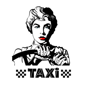 Taxi. Woman driving a car pop art style