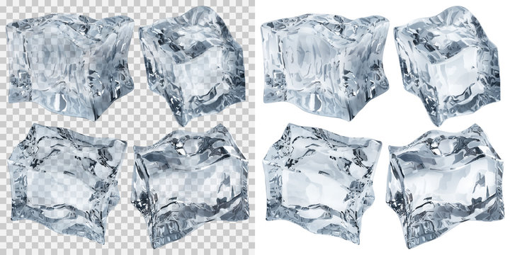 Set of four transparent and four opaque ice cubes in gray colors. Transparency only in vector file