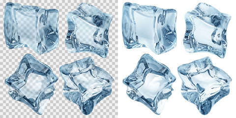 Set of four transparent and four opaque ice cubes in light blue colors. Transparency only in vector file