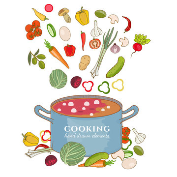 Cooking background vegetables fly in a pan hand drawn elements