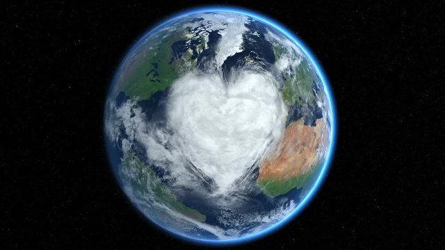 Earth with a big heart shaped cloud. Earth in hands. Clip contains hearts, earth, space, clouds, morph, love, valentine, romance, date, globe. Images from NASA.	
