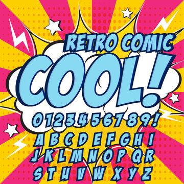 Creative high detail comic font. Blue color hero style of comics, pop art. Letters and figures for decoration