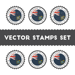 I Love Pitcairn vector stamps set. Retro patriotic country flag badges. National flags vintage round signs.