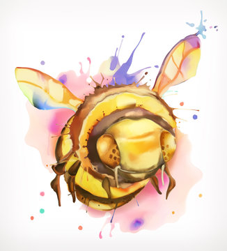 Watercolor painting, honey bee, vector illustration, isolated on a white background