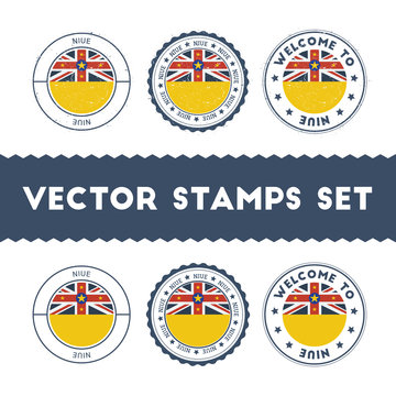 Niuean flag rubber stamps set. National flags grunge stamps. Country round badges collection.