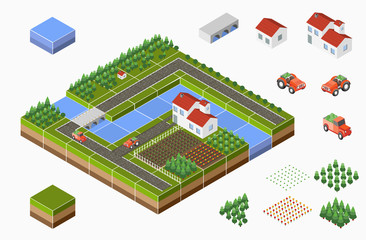 Isometric landscape of countryside with farm, tractor, harvest, the beds and the river.