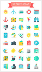 Travel and Holiday Icons. Set of modern flat icons of summer holidays and travel. Perfect for use in: Website, Tourism sector, Travel industry, Presentations, Promotional Materials, illustrations.