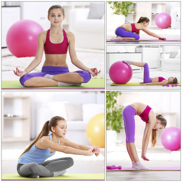 Collage of young girl making fitness exercise