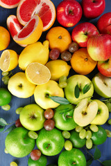 Fruits on dark blue wooden background