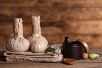 Beautiful spa composition on wooden background