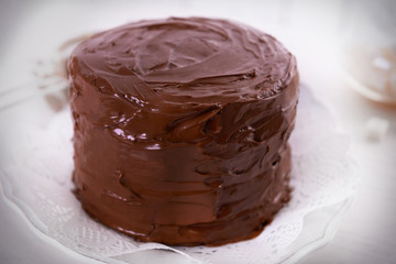 Tasty chocolate cake on light background