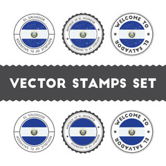 Salvadoran flag rubber stamps set. National flags grunge stamps. Country round badges collection.