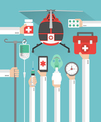 Medical helicopter flat design card with hand