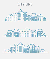  set of linear urban buildings and illustrations of houses and architectural signs. For website design, business cards