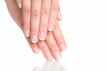 Beautiful hands with french manicure - obrazy, fototapety, plakaty