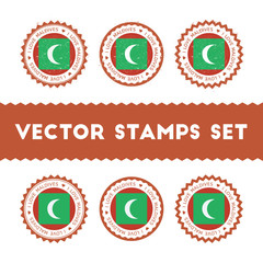 I Love Maldives vector stamps set. Retro patriotic country flag badges. National flags vintage round signs.
