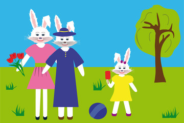 Obraz na płótnie Canvas White hares: grandmother, mother and daughter are in the park during the walk. Rabbits family. Mother's day. Vector illustration
