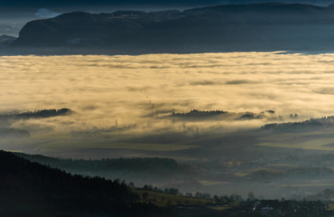 Beautiful sunset in mountains with fog in valleys.Carinthia,Austria.