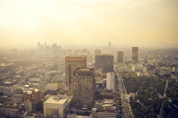 Mexico city industrial part covered in haze on sunset, Mexico