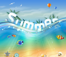 Design of Summer, letters underwater with palm trees, wildlife