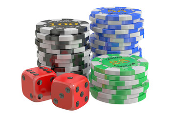 casino chips and dice, 3D rendering
