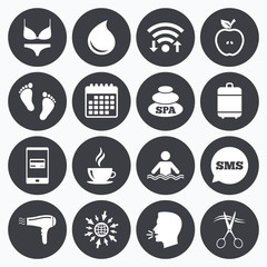 Spa, hairdressing icons. Swimming pool sign.