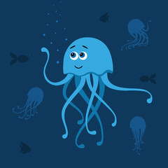 Vector illustration of jellyfishes and fishes are in ocean