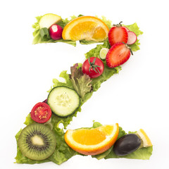 Letter Z made of salad and fruits
