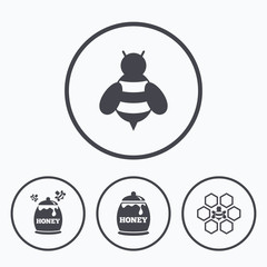Honey icon. Honeycomb cells with bees symbol.