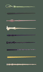 Obraz premium Set of 9 different magic wands for witches and wizards / vintage magic sticks for witchcraft schools and fantasy games