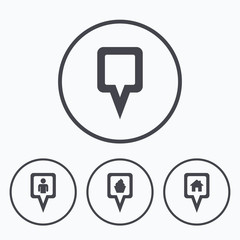 Map pointer icons. Home, food and user location.
