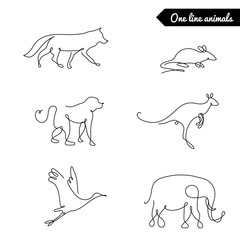 One line animals set, logos / vector stock illustration / deer, elk,giraffe, orstich, rooster, 
rhinoceros, hedgehog