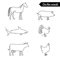 One line animals set, logos / vector stock illustration / deer, elk,giraffe, orstich, rooster, 
rhinoceros, hedgehog