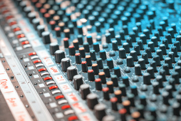Sound recording equipment. Music mixer controls. Soft photo