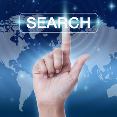 hand pressing search sign on virtual screen. business concept